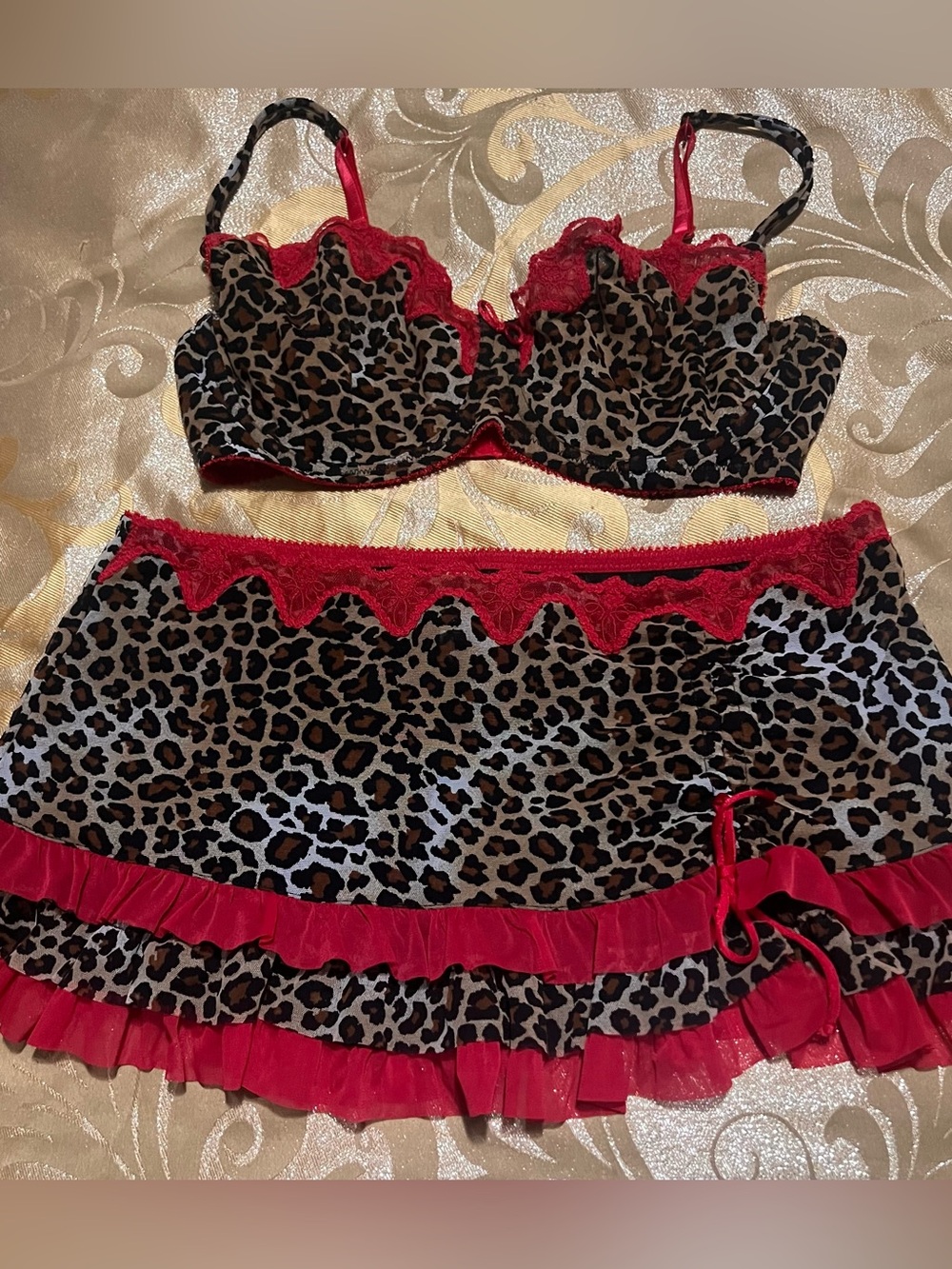 VTG Jezebel Y2K Leopard Print Mesh Ruffle Mini Skirt Bra Lingerie Set Size Large